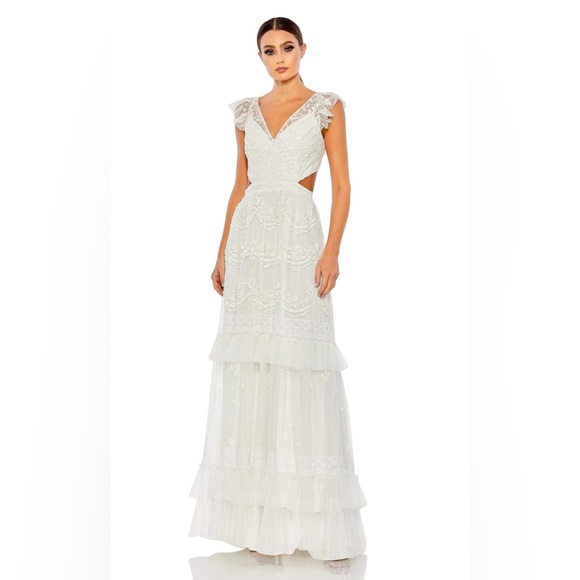 Mac Duggal Sequined Ruffles Cap Sleeve Gown